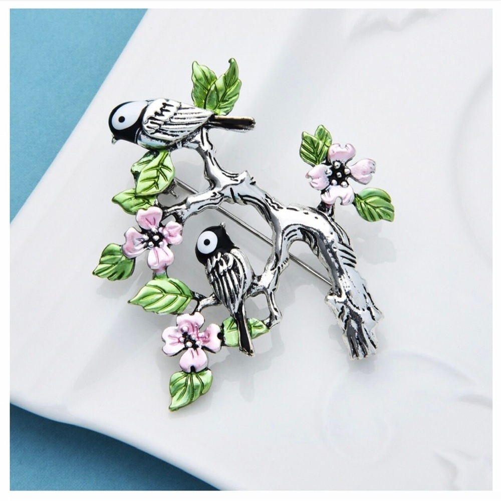 Retro Flower Tree Bird Brooch For Women